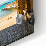 Large abstract depiction of a Sicilian landscape in muted earth tones on acrylic glass, suitable for dining room art.