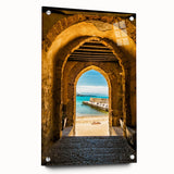 Acrylic glass print of a Sicilian landscape in muted earth tones, ideal for dining room decor.