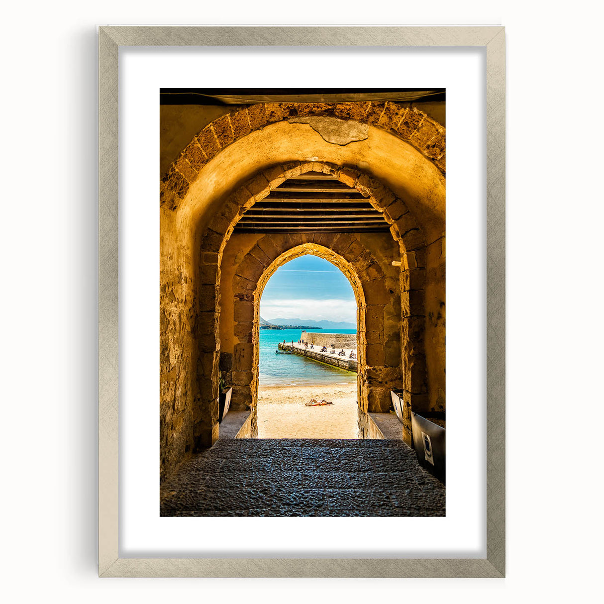 Extra large abstract art print of a Sicilian landscape in muted earth tones, framed in silver, ideal for living room decor.