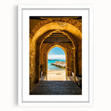 Textured abstract art print of Sicilian scenery in muted earth tones on a framed white mat, ideal for bedroom art.