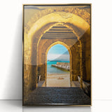 Art deco poster of Sicilian landscape in gold frame, featuring acrylic print with vibrant colors.
