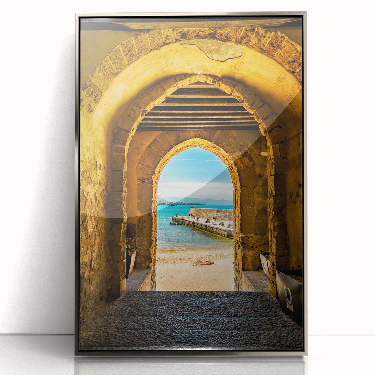 Large art print of a Sicilian landscape in muted earth tones, framed in silver acrylic, suitable for modern art wall decor.