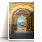 Mid-century modernist art depicting a Sicilian landscape in acrylic, framed in white, ideal for nursery wall art.