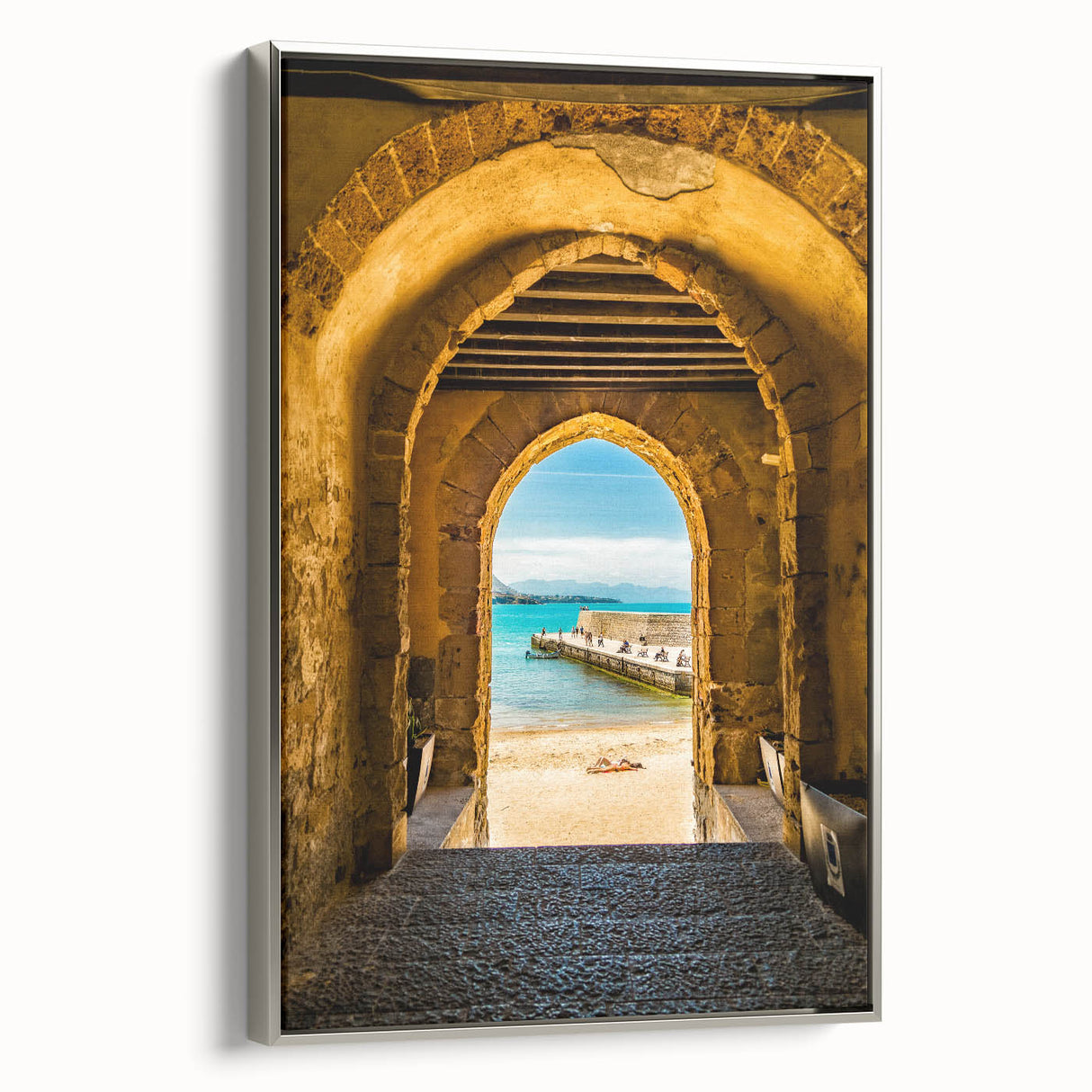 Framed canvas featuring a vintage-style landscape art painting of Sicilian scenery with colorful art elements.