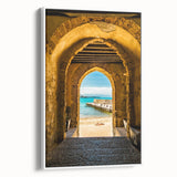 Vintage poster art of Sicily scenery on a framed canvas, featuring colorful art with black borders.