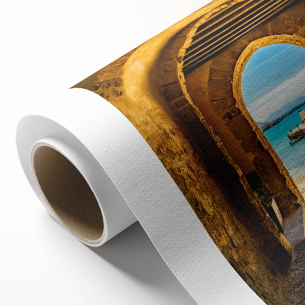 Art deco poster of Sicilian landscape in muted earth tones on rolled canvas.
