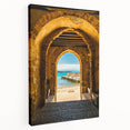 Scenic view of Sicily with vivid blue and white colors on a stretched canvas, suitable for kitchen wall art.