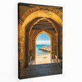 Scenic view of Sicily with vivid blue and white colors on a stretched canvas, suitable for kitchen wall art.