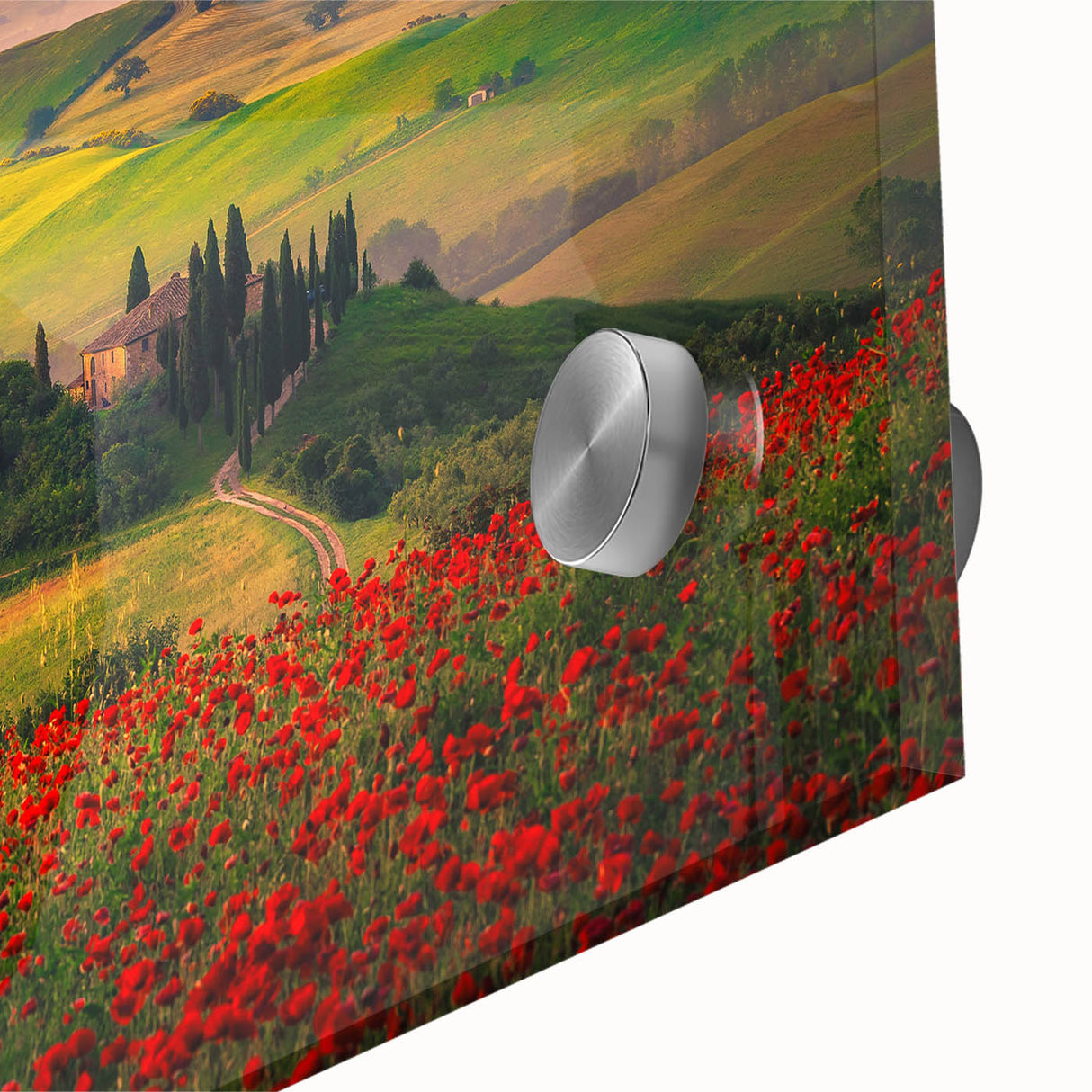 Acrylic print of a Tuscan landscape in muted earth tones, ideal for dining room art in a mid-century modernist style.