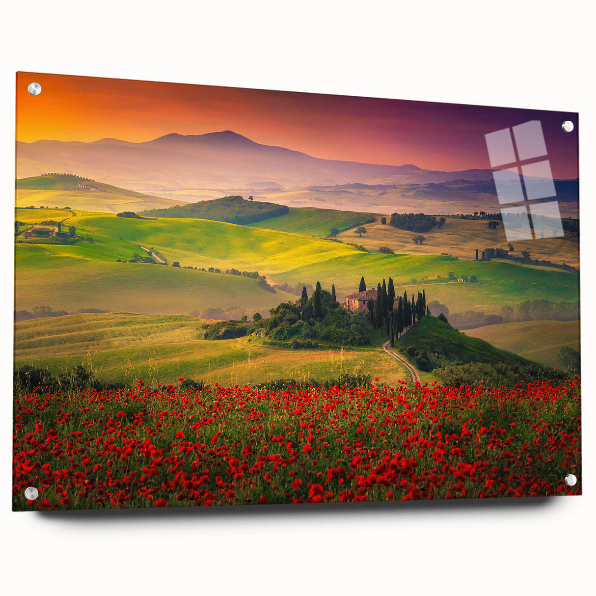 Acrylic glass print of a Tuscan landscape in warm earth tones, ideal for dining room decor.