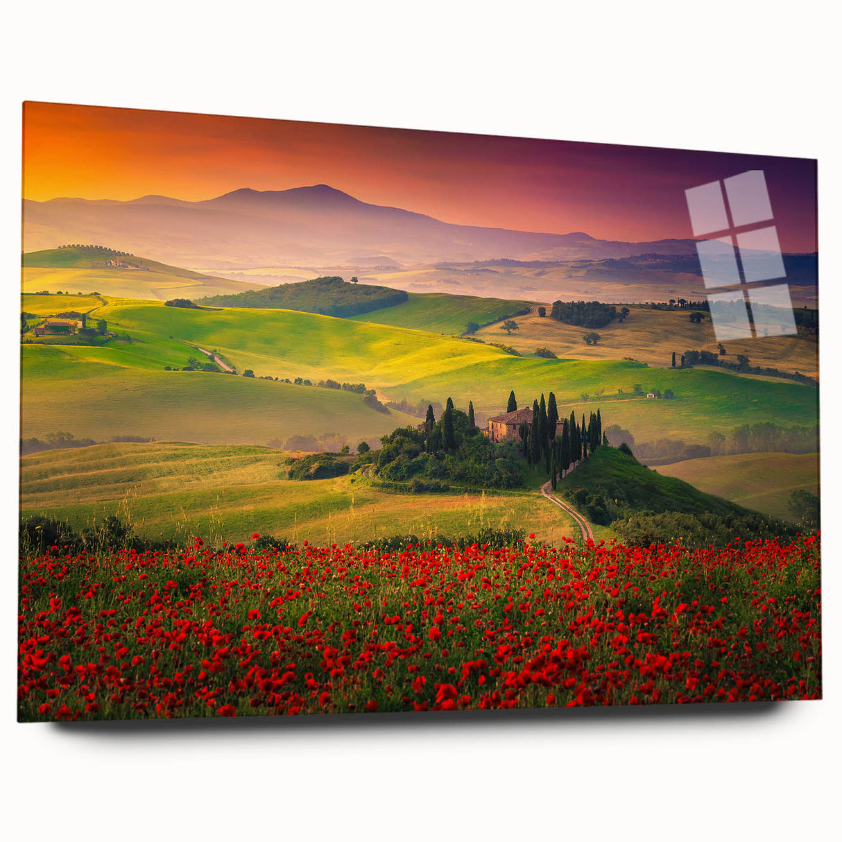 Acrylic print of a Tuscan landscape in muted earth tones, ideal for bedroom or dining room art.