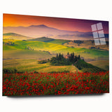 Acrylic print of a Tuscan landscape in muted earth tones, ideal for bedroom or dining room art.