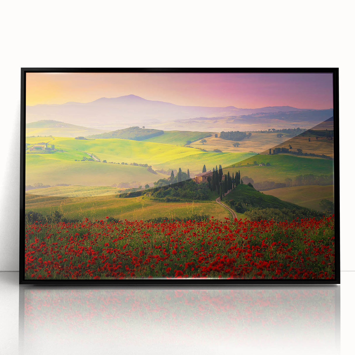 Large abstract wall art depicting a Tuscan landscape in muted earth tones on a framed acrylic.