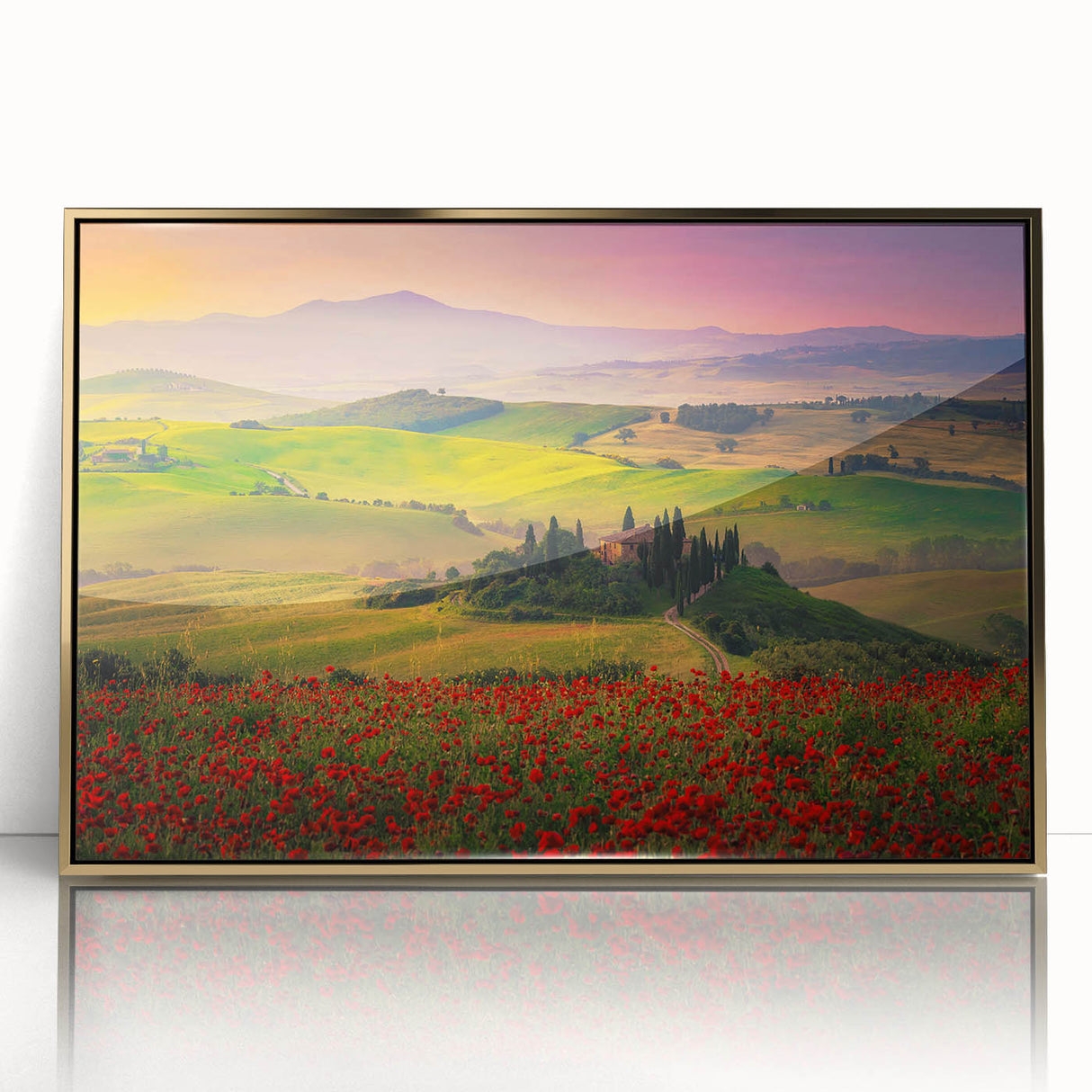 Acrylic print of a Tuscany landscape in muted gold and green tones, framed for modern art wall decor, suitable for a nursery.