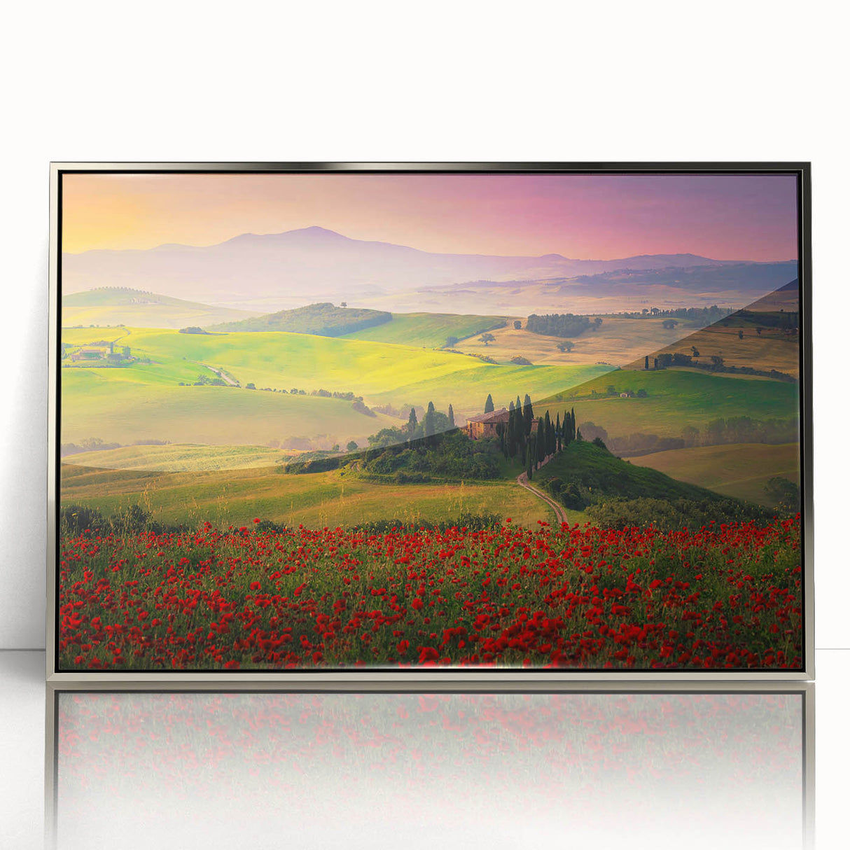 Framed acrylic print of a Tuscan landscape in muted earth tones, ideal for modern art wall decor.
