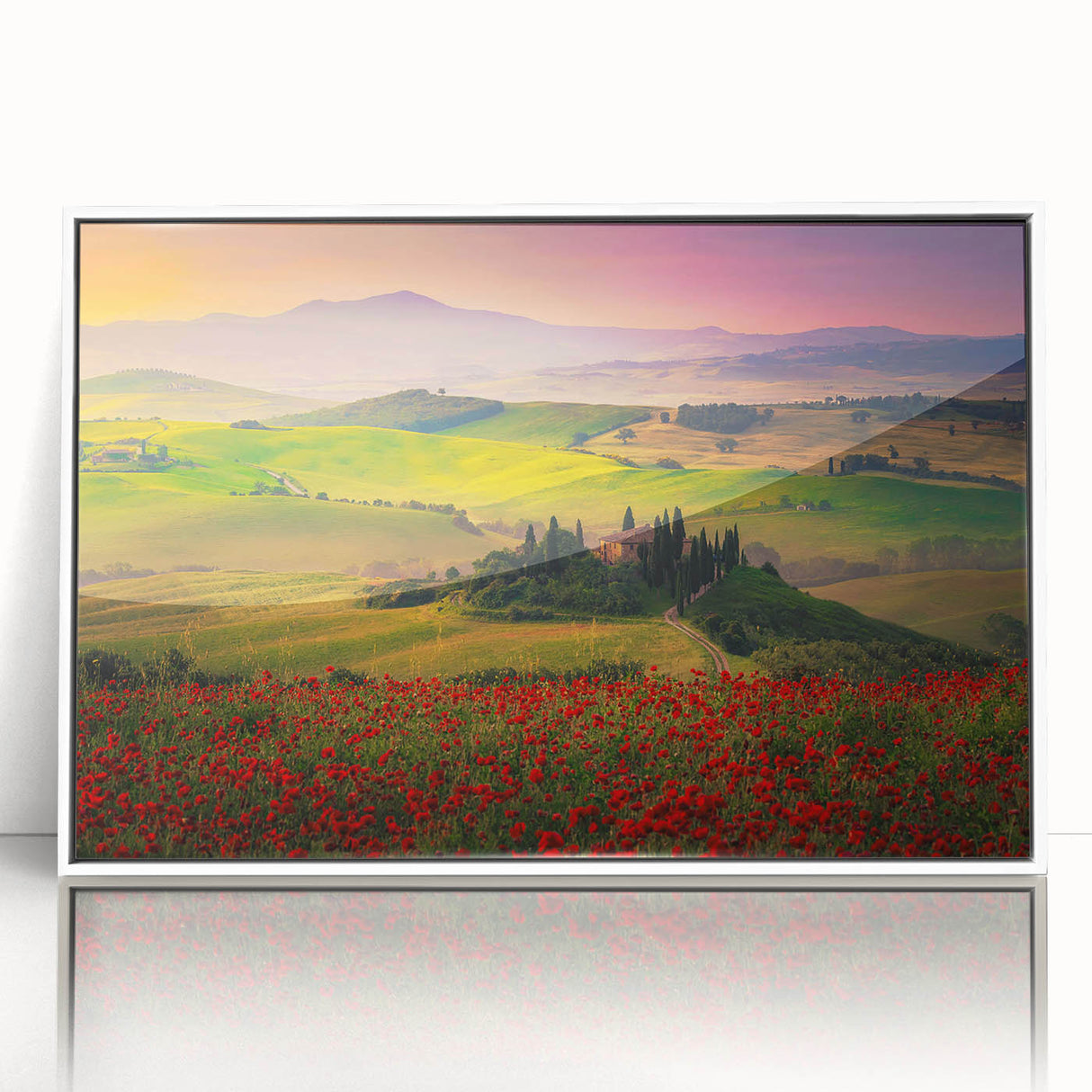 Framed acrylic print of a Tuscan landscape in muted earth tones, ideal for modern art wall decor.