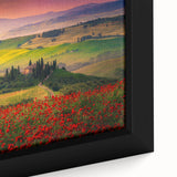 Extra large framed canvas featuring a textured depiction of the Tuscany landscape in black with colorful art accents.