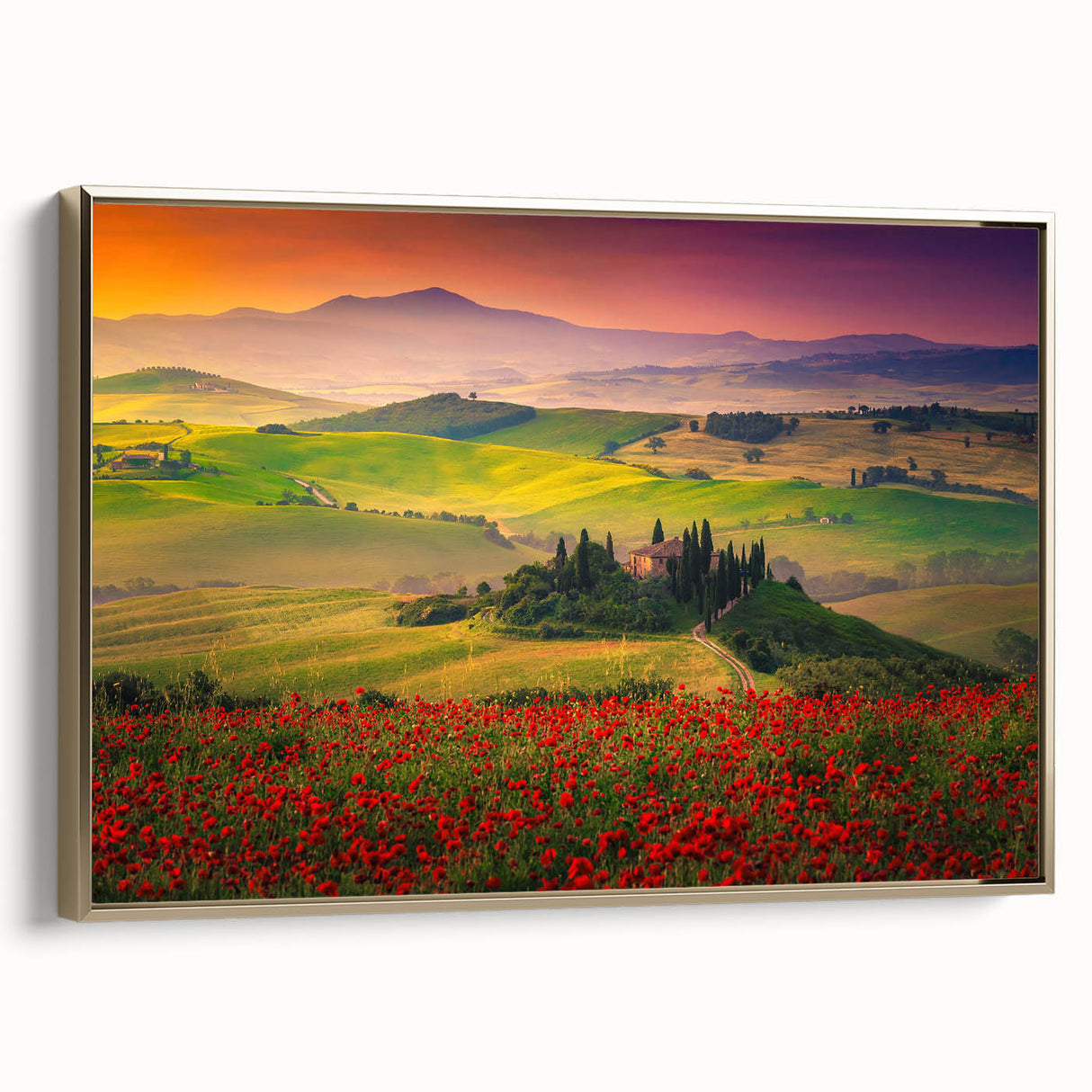 Framed canvas of a Tuscan landscape in muted earth tones, ideal for bedroom wall art.