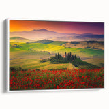 Framed canvas featuring a vintage poster art of Tuscany landscape in vibrant colors, ideal for living room decor.