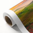 Art Deco style poster of Tuscany landscape in muted earth tones on rolled canvas, ideal for nursery wall art.