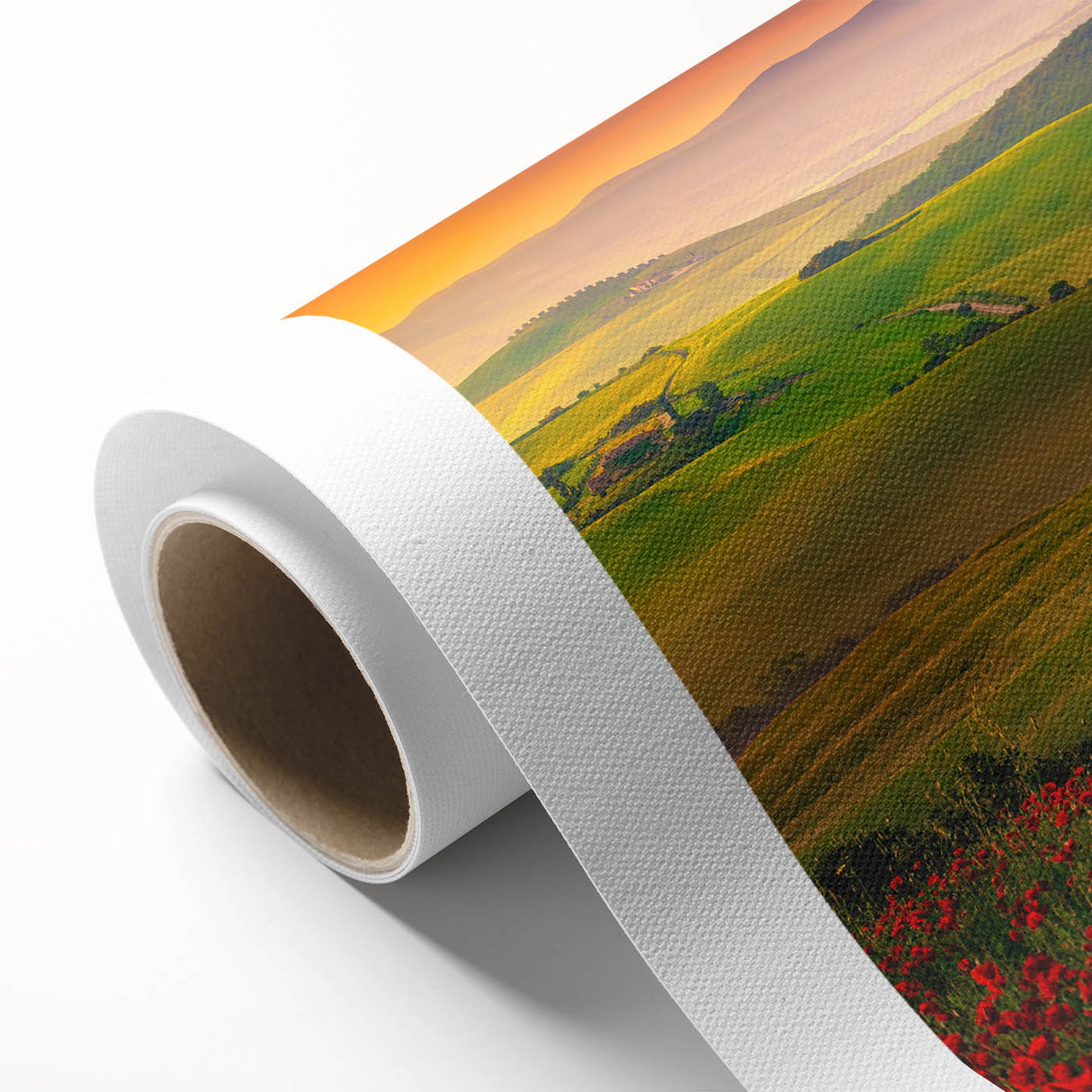 Art Deco style poster of Tuscany landscape in muted earth tones on rolled canvas, ideal for nursery wall art.