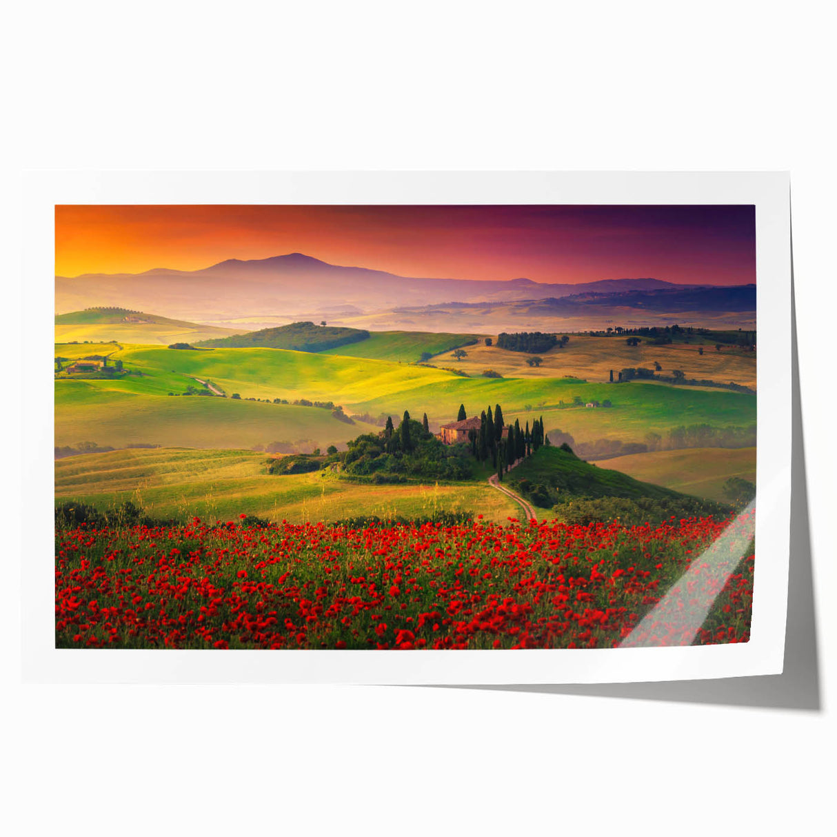 Tuscan landscape print on rolled canvas, featuring muted earth tones and floral elements, ideal for art wall dining room.