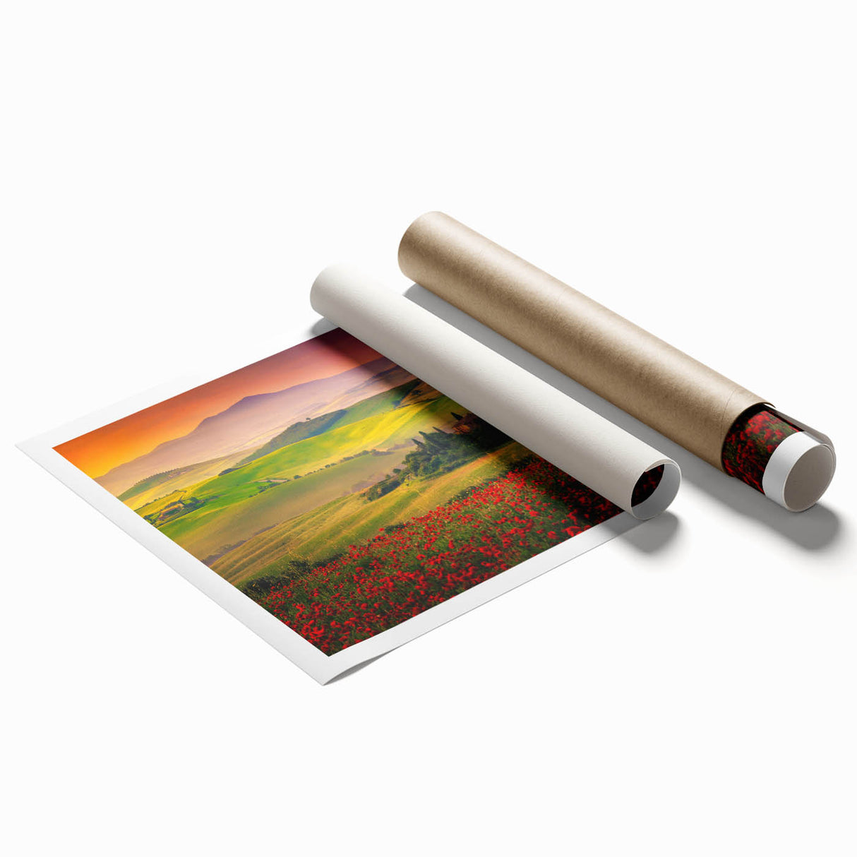 Extra large rolled print featuring a serene Tuscan landscape with lush greenery and vibrant florals.