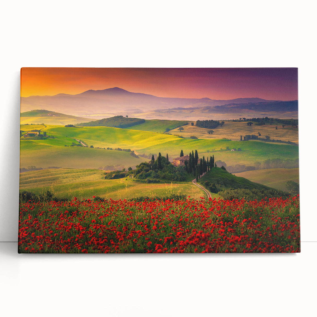 Black and white large art print of the Tuscan landscape on stretched canvas, ideal for kitchen wall art.