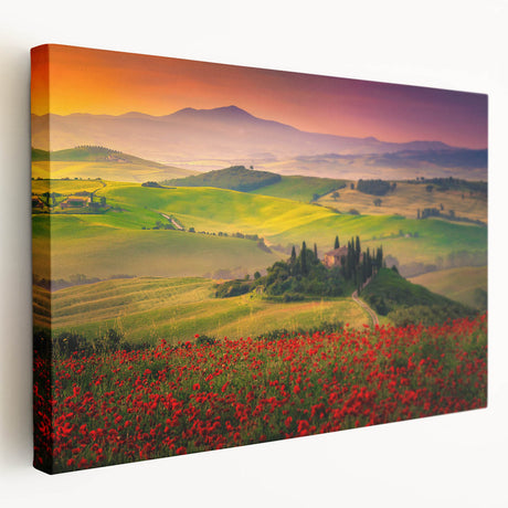 Tuscan landscape on stretched canvas, showcasing rolling hills in muted earth tones, ideal for kitchen wall art.