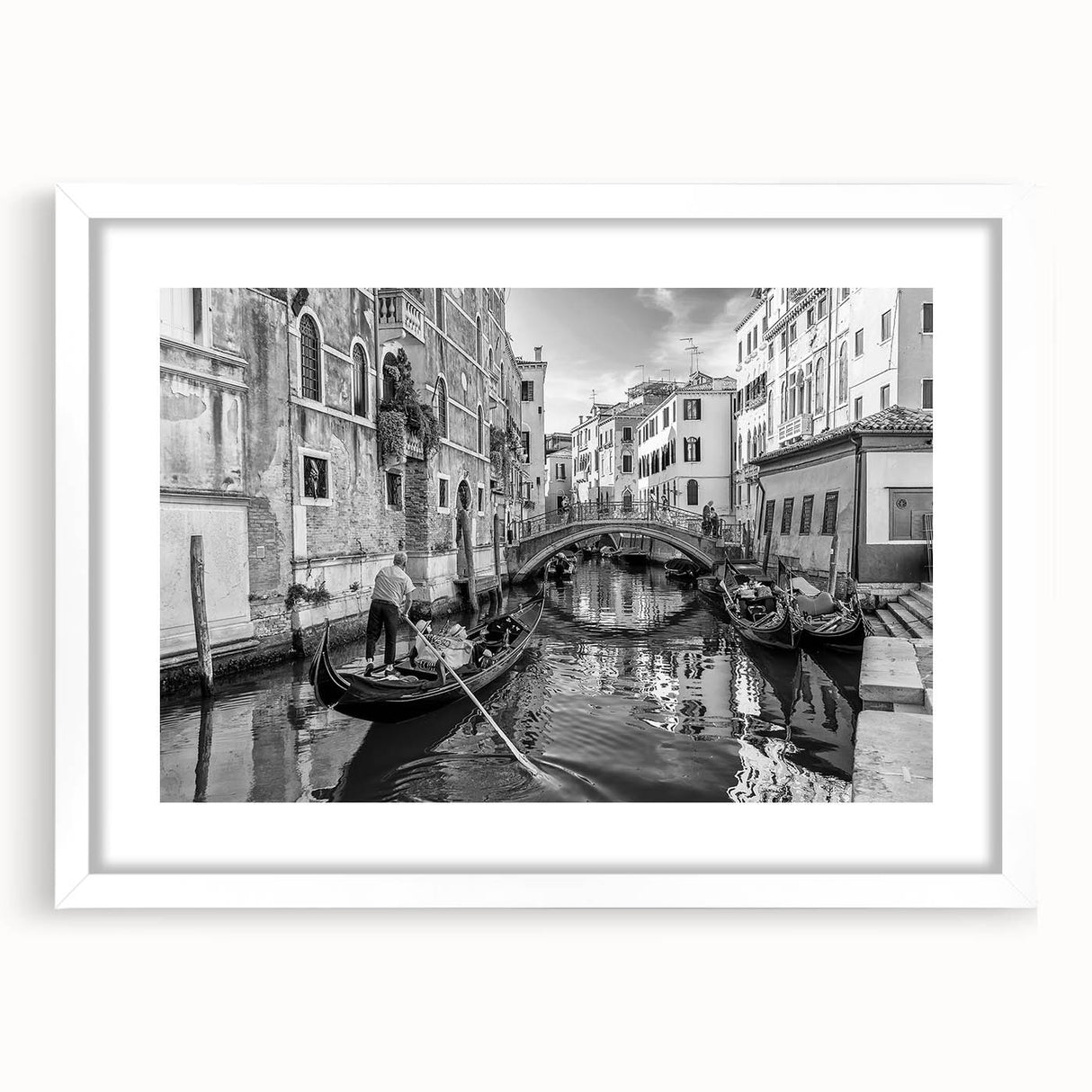 Textured abstract art print of Venice scenery in muted earth tones, framed with a white mat, ideal for bedroom decor.