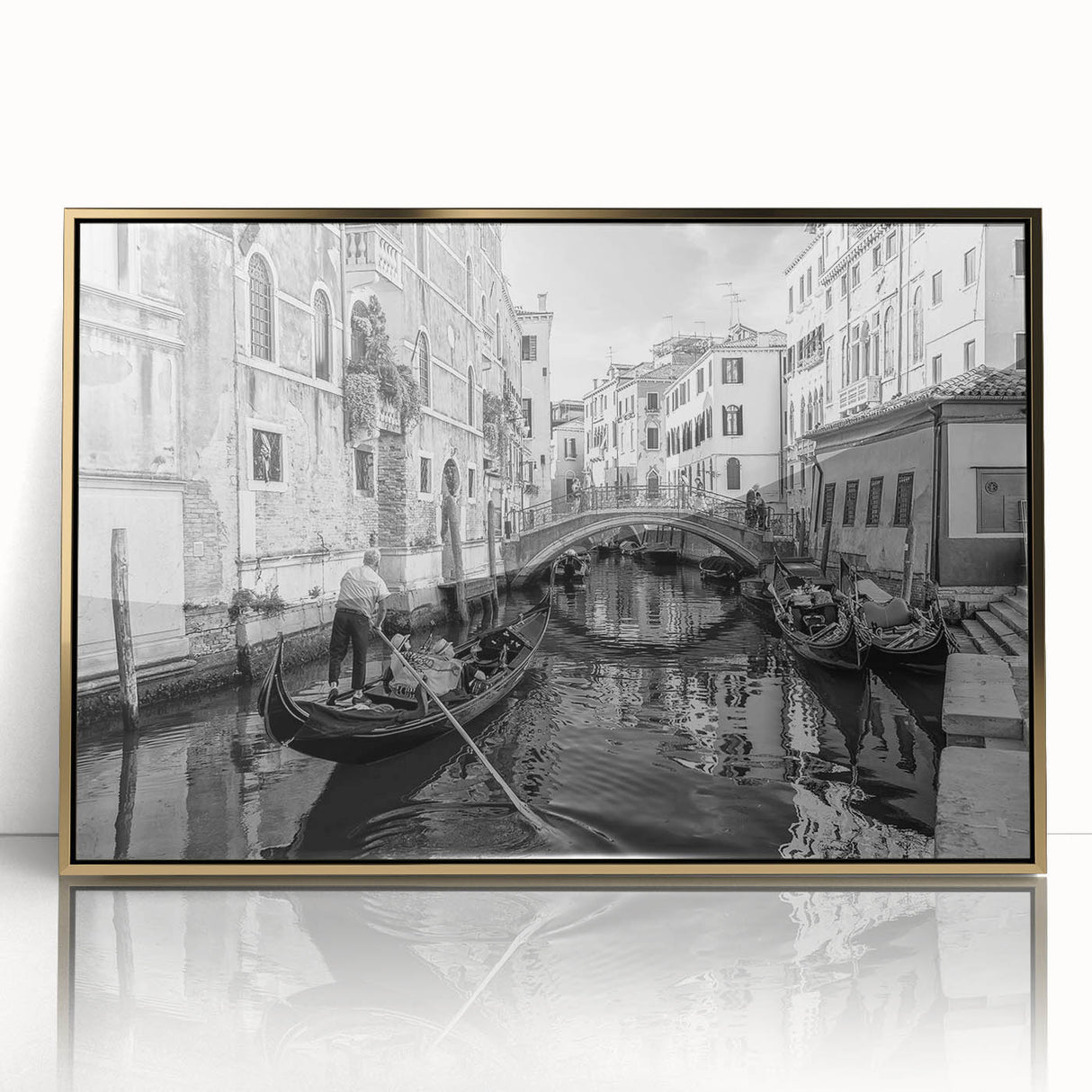 Framed acrylic print of Venice scenery in art deco style, featuring muted gold and blue tones.