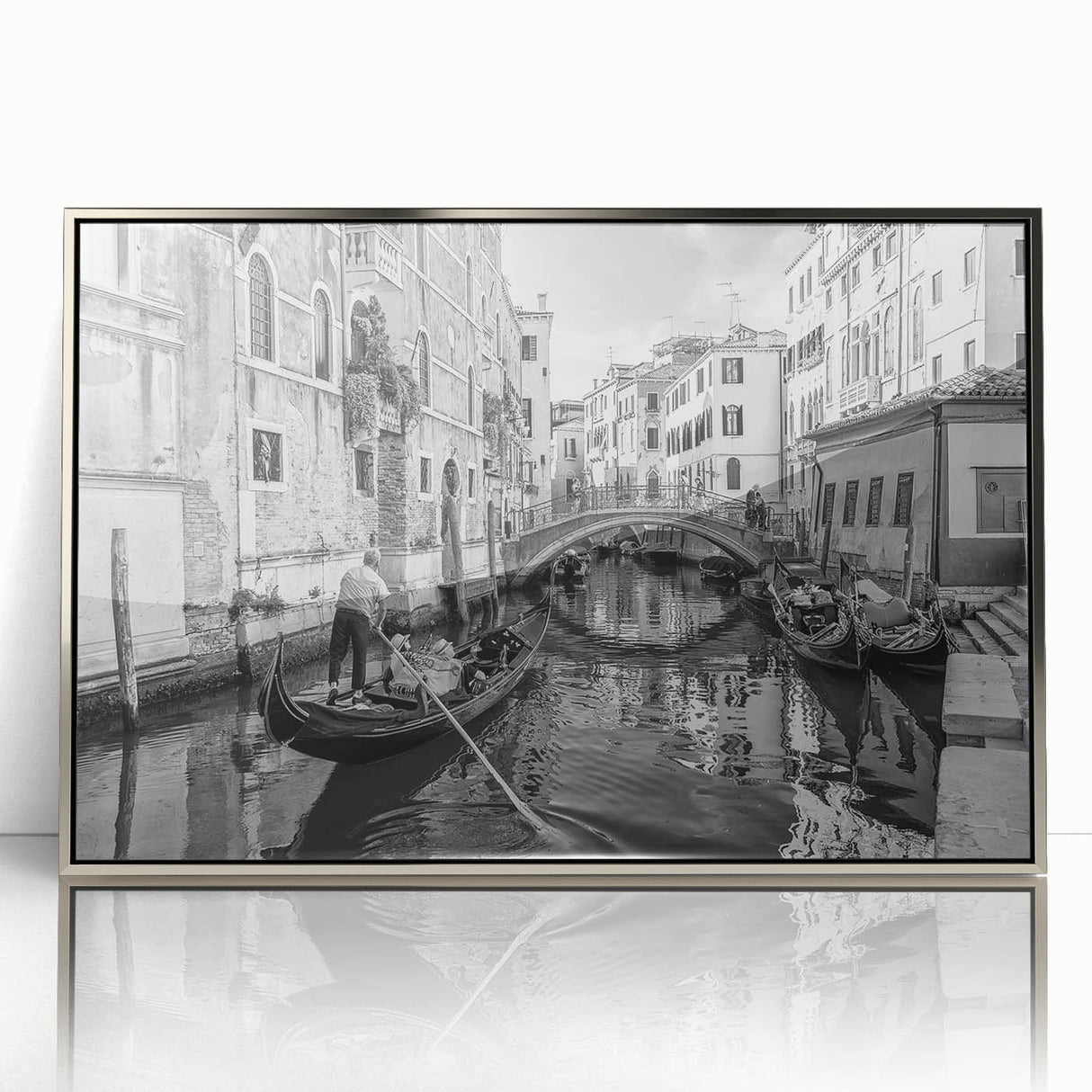 Acrylic print of Venice scenery in muted color palette, framed in silver, ideal for modern art wall decor.