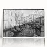 Mid-century modernist art of Venice scenery in muted blue and white tones on framed acrylic, great for modern art wall decor.