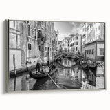 Framed canvas landscape art painting of Venice with silver frame, featuring colorful yet vintage poster art style.
