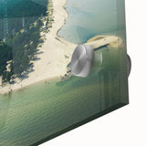 Large abstract wall art depicting a European landscape in muted earth tones on acrylic glass.