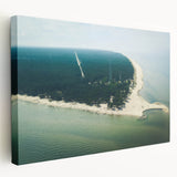 Large art depicting a European Latvia scenery in muted green and blue tones on stretched canvas.
