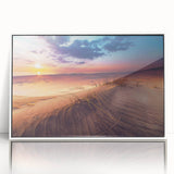 Mid-century modernist art depicting a serene Lithuanian landscape on a framed acrylic, with soft blue and green tones.