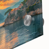 Acrylic print of a large abstract depiction of the Mediterranean Sea in blue and teal tones, suitable for dining room art.