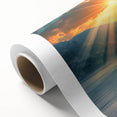 Art deco poster of the Mediterranean Sea scenery on rolled canvas, featuring pastel blue and white tones.
