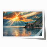 Rolled print of a Mediterranean Sea landscape, featuring soft blue and white tones.
