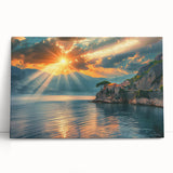 Black and white large art of Mediterranean Sea scenery on stretched canvas, ideal for kitchen wall art.