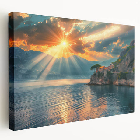 Large art of Mediterranean Sea scenery on stretched canvas, with vivid blue and white tones, ideal for kitchen wall art.