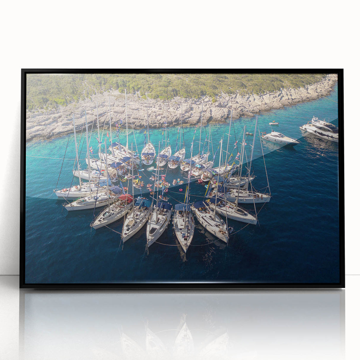 Large abstract wall art depicting a European Monaco scenery in muted gray and blue tones on a framed acrylic.