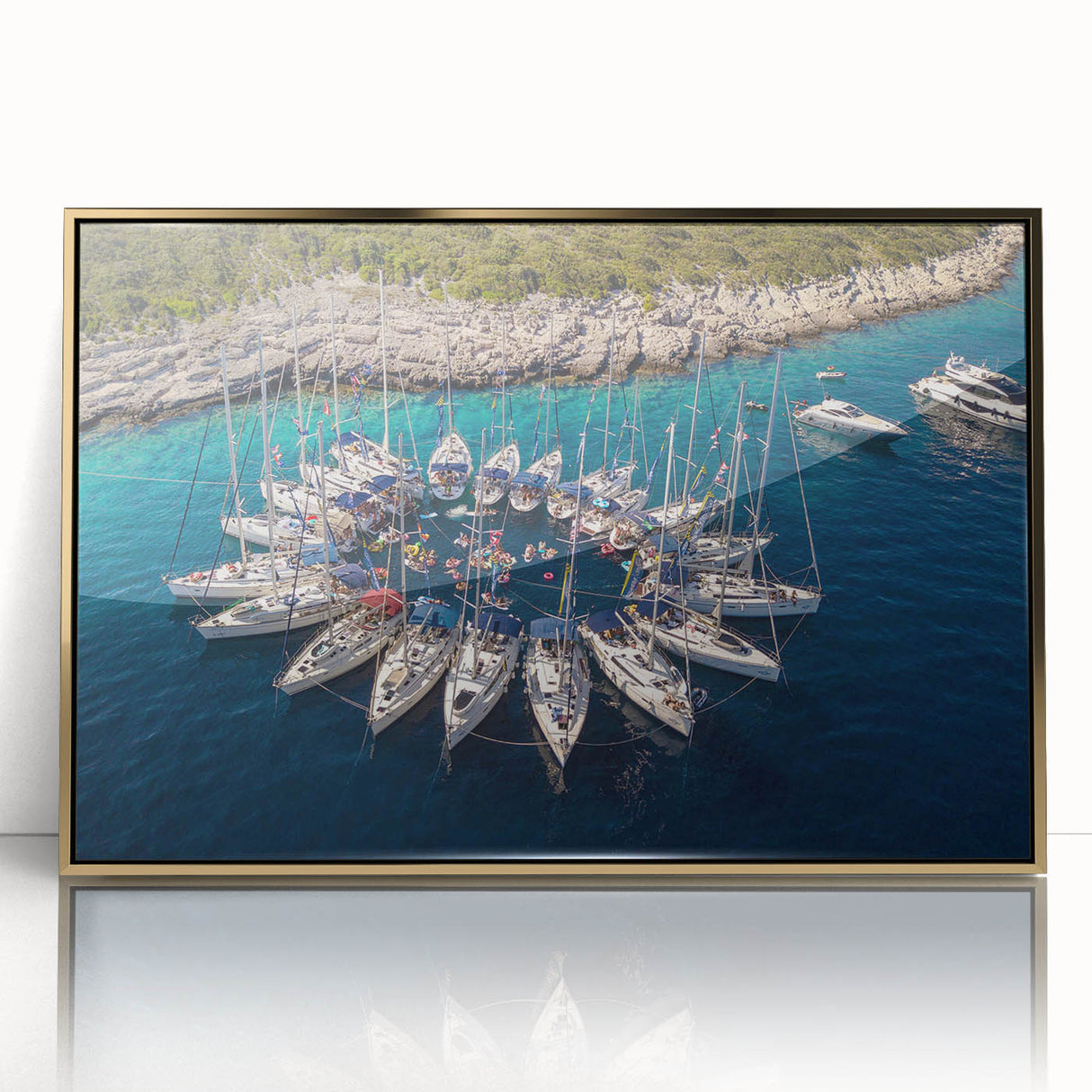 Art deco poster of Monaco scenery in gold and blue tones on framed acrylic, suitable for modern art wall decor.