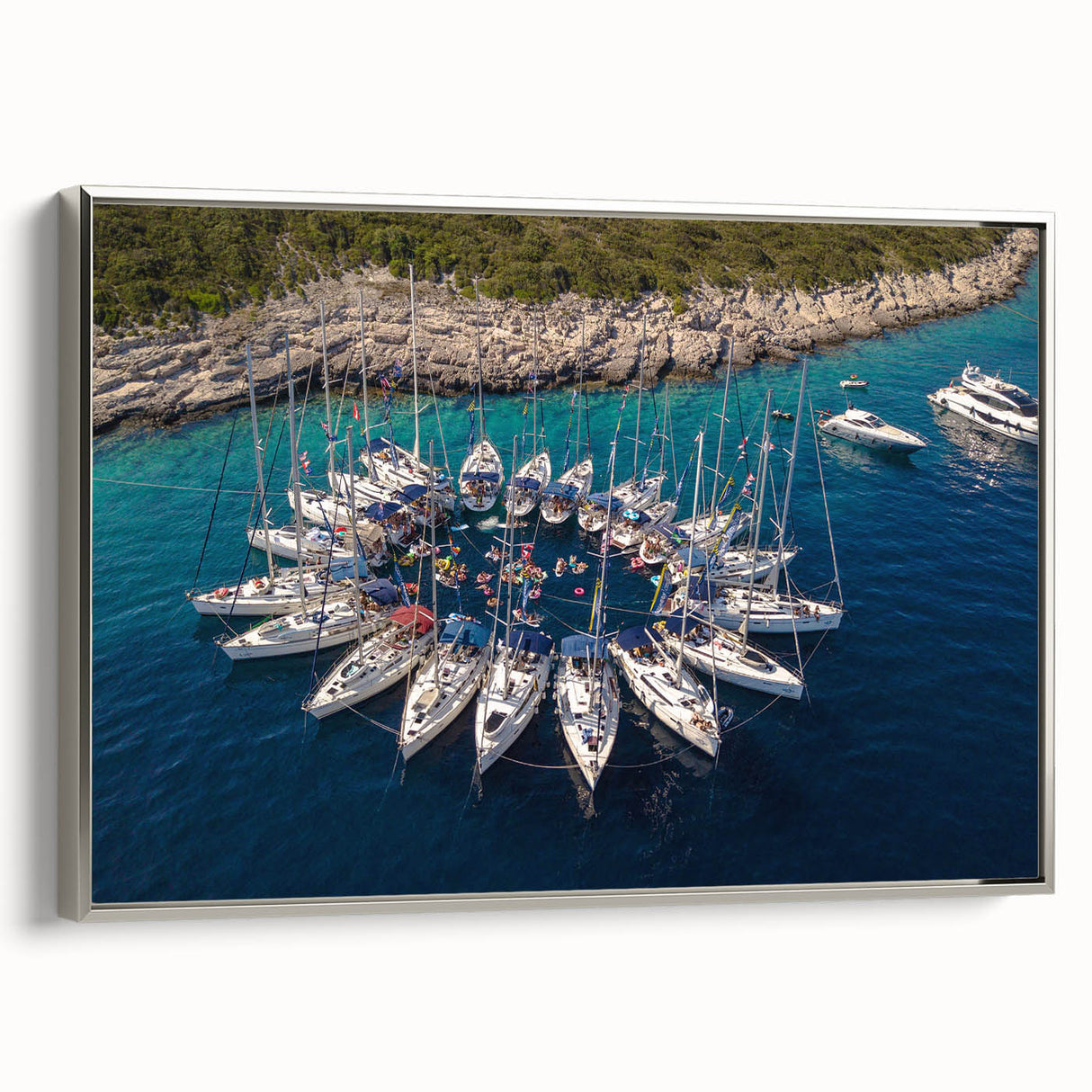 Framed canvas of a vintage Monaco landscape painting in vibrant colors, ideal for living room decor.