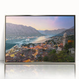 Large art print of a European Montenegro scenery in muted tones on a silver-framed acrylic.