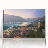 Mid-century modernist art depicting a serene Montenegro landscape in muted earth tones on a framed acrylic.