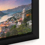 Extra large black wall art featuring a textured, colorful European Montenegro scenery on framed canvas.