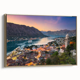 Framed canvas of a Montenegro landscape in muted earth tones, ideal for bedroom wall art.
