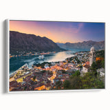 Vintage poster art of a European Montenegro scenery in vibrant colors on a framed canvas, ideal for living room decor.